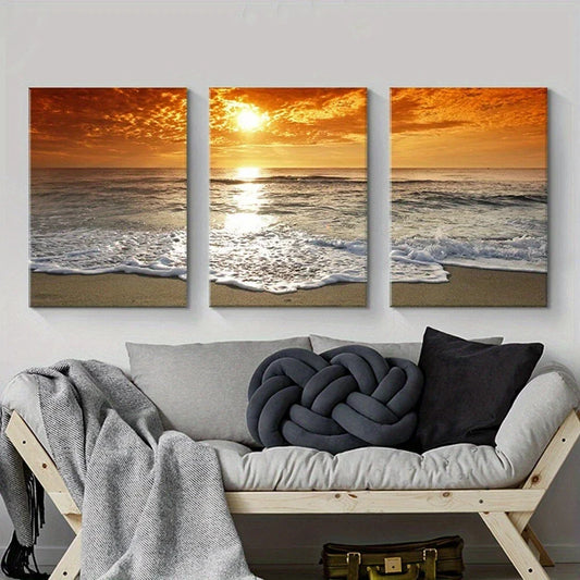 3pcs Orange Sunset Beach Waves Metal Print Ready to Hang Art