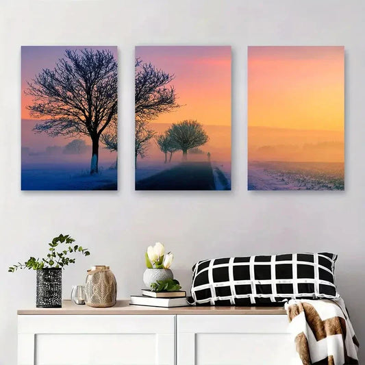 3pcs Serene Snowy Road & Foggy Trees Metal Print Ready to Hang Art