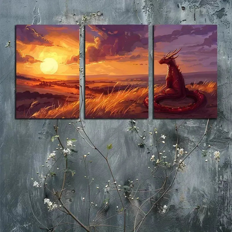3pcs A Young Dragon Watching The Sunset Canvas Framed 40x60cm - High Quality Print 100% Australian Made Wall Canvas Ready to Hang