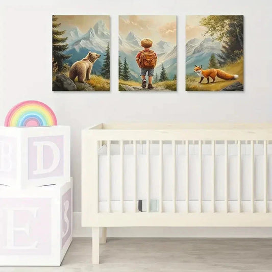 3pcs Boy's Adventure with Bear & Fox Metal Print Ready to Hang Art