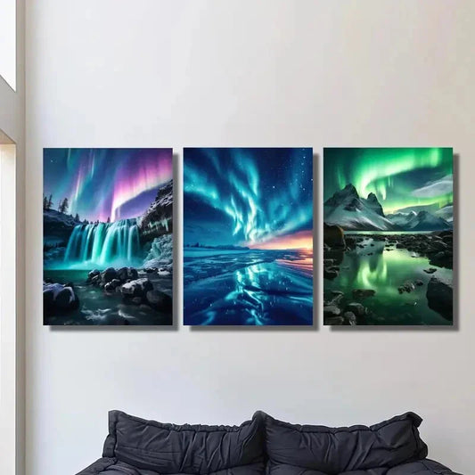 3pcs Winter Waterfall in Iceland And Enchanting Metal Print Ready to Hang Art