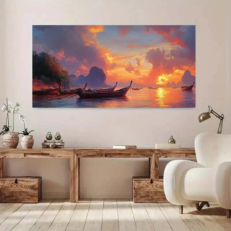 Sunset with Boats Mountain wall canvas office home room framed 120x60cm