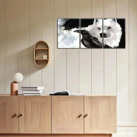 3pcs White Wolf and Black Crow Painting Print Metal Print Ready to Hang Art
