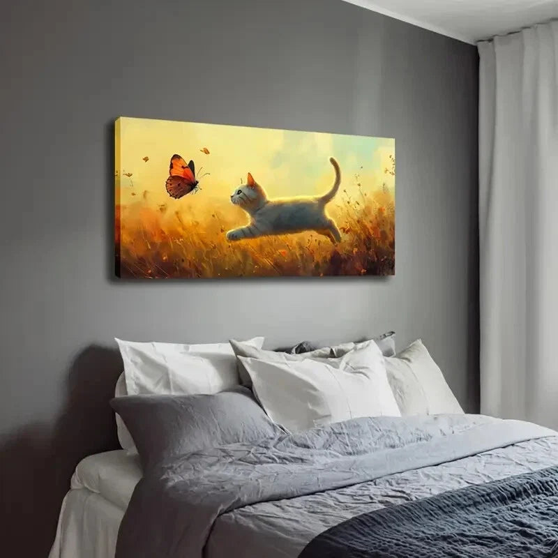 White Cat Chasing Butterfly Wall Art Canvas Office Home Room Framed 120x60cm