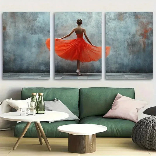 3pcs Stylish Orange Gray Ballerina Design Metal Print Ready to Hang Art