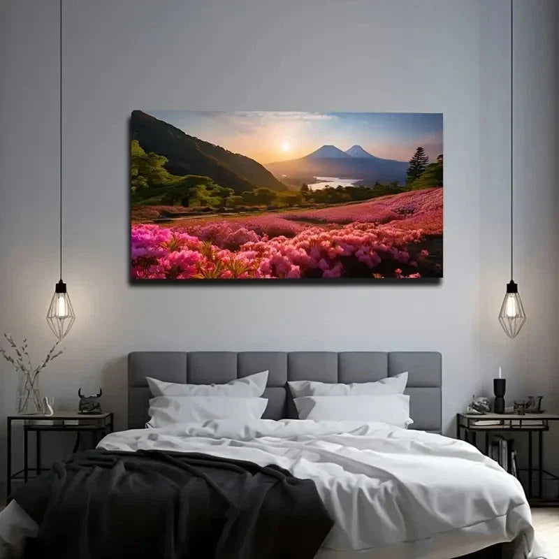 Flowers All Over Mountains Wall Art Canvas Office Home Room Framed 80x45cm