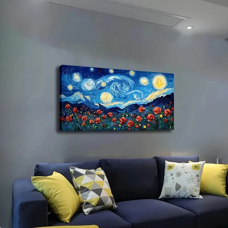 Blue and Yellow Starry Night Wall Art Canvas Office Home Room Framed 120x60cm