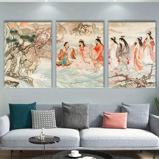 3pcs Traditional Chinese Vibrant Historical Scene Metal Print Ready to Hang Art