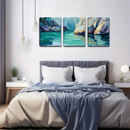 3pcs Vibrant Blue Water Rocks Design Perfect Wall Art Set Canvas Framed 40x60cm - High Quality Print 100% Australian Made Wall Canvas Ready to Hang