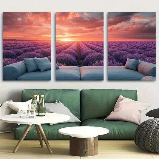 3pcs Lavender Fields at Dawn Metal Print Ready to Hang Art