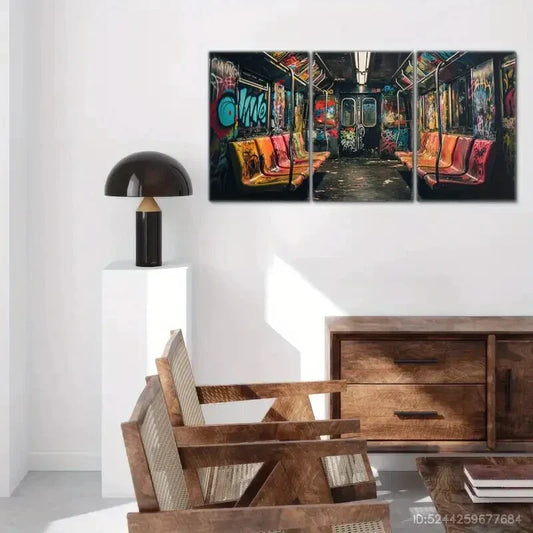 3pcs Space Graffiti Art On Subway Urban Decay Metal Print Ready to Hang Art