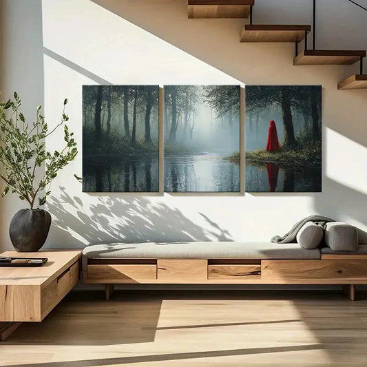 3pcs Red Cloak Figure Mysterious Atmosphere Metal Print Ready to Hang Art
