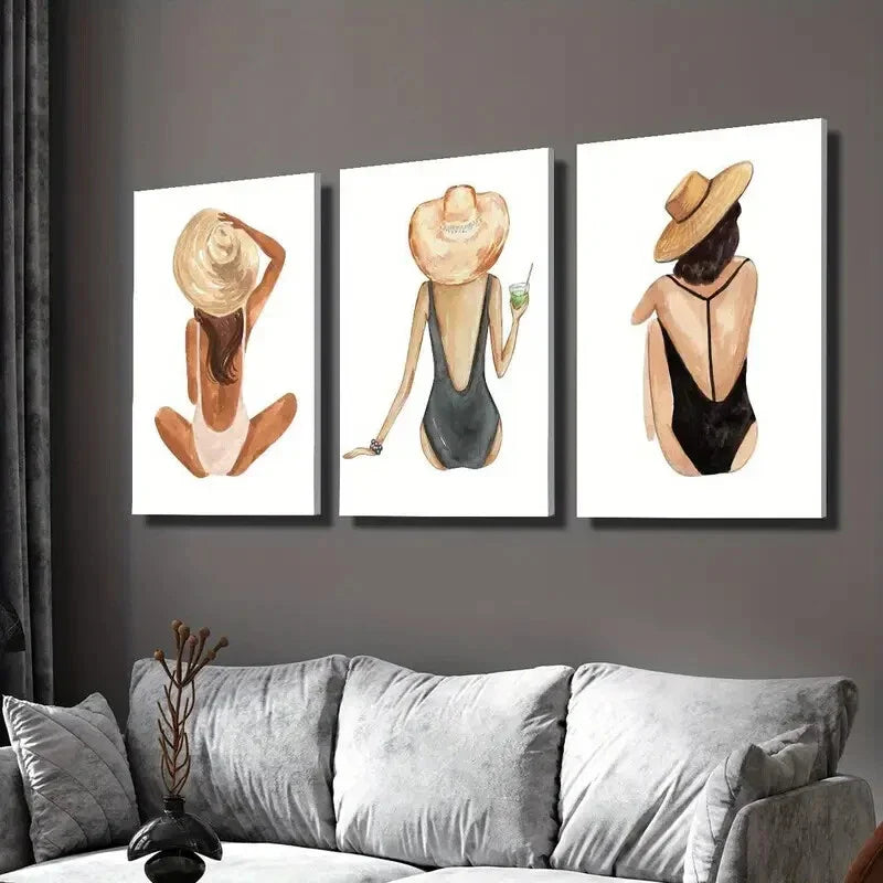 3pcs girl, gouache, beach girl, Wall Art Canvas Unframed/Framed  Wall Art Set Canvas Framed 40x60cm - High Quality Print 100% Australian Made Wall Canvas Ready to Hang