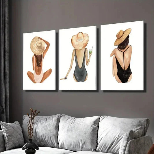 3pcs girl, gouache, beach girl, Wall Art Canvas Unframed/Framed  Wall Art Set Canvas Framed 40x60cm - High Quality Print 100% Australian Made Wall Canvas Ready to Hang
