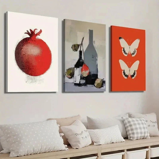 3pcs Vintage Pomegranate Wine Bottle & Butterfly Wall Art Set Canvas Framed 40x60cm - High Quality Print 100% Australian Made Wall Canvas Ready to Hang