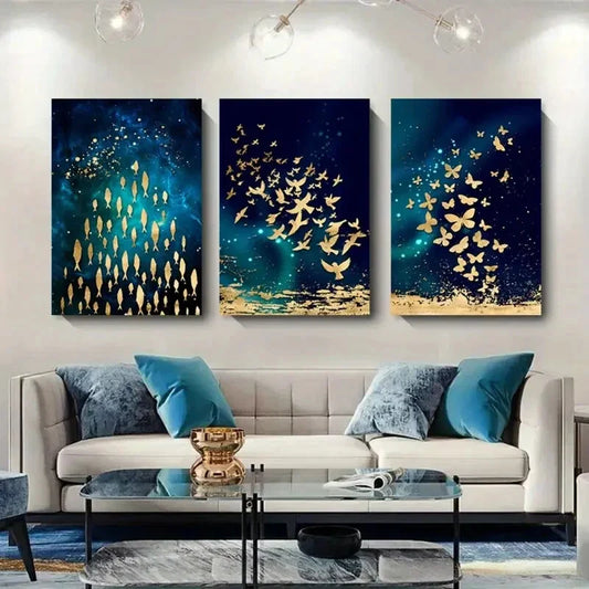 3pcs Golden Butterfly, Fish, and Bird Metal Print Ready to Hang Art