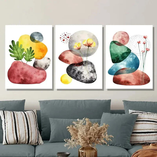 3pcs  colorful geometric stones and botanical flower  Metal Print Ready to Hang Art