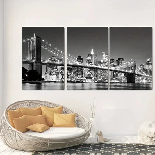 3pcs Bridge Night View Fashion Lights Metal Print Ready to Hang Art