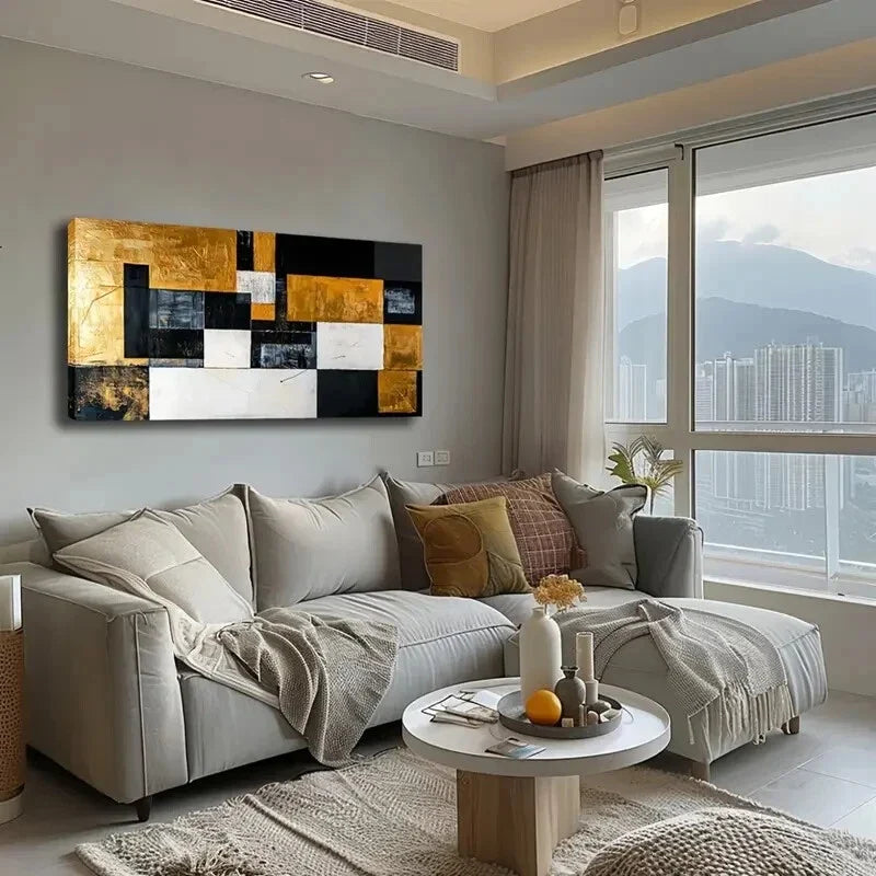 Black & White Blocks Golden Wall Art Canvas Office Home Room Framed 120x60cm