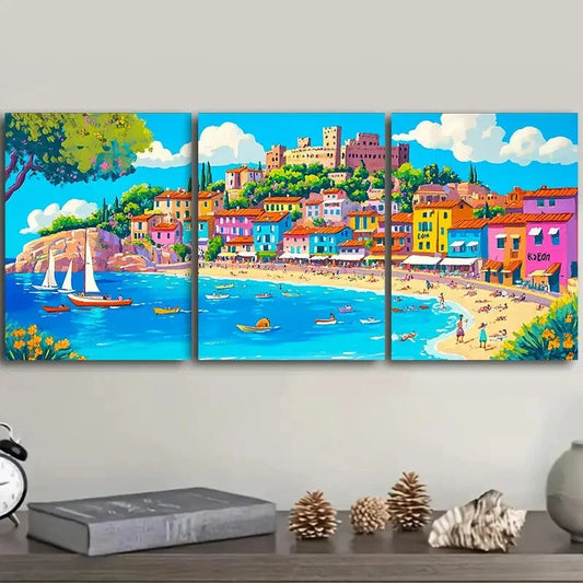 3pcs Mediterranean town Art Painting Metal Print Ready to Hang Art