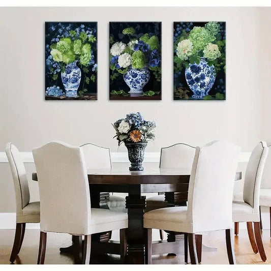 3pcs  Aesthetic Blue & White Porcelain Vase Metal Print Ready to Hang Art