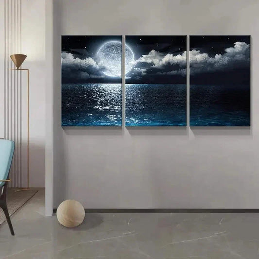 3pcs Blue Ocean Under Moonlight  Metal Print Ready to Hang Art