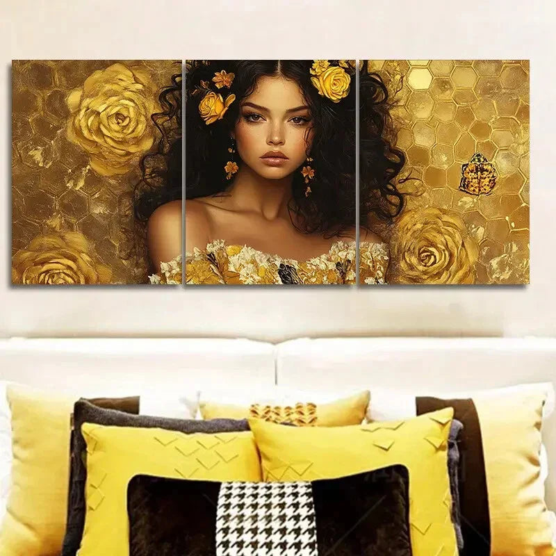3pcs Intricate Golden lace girl Metal Print Ready to Hang Art