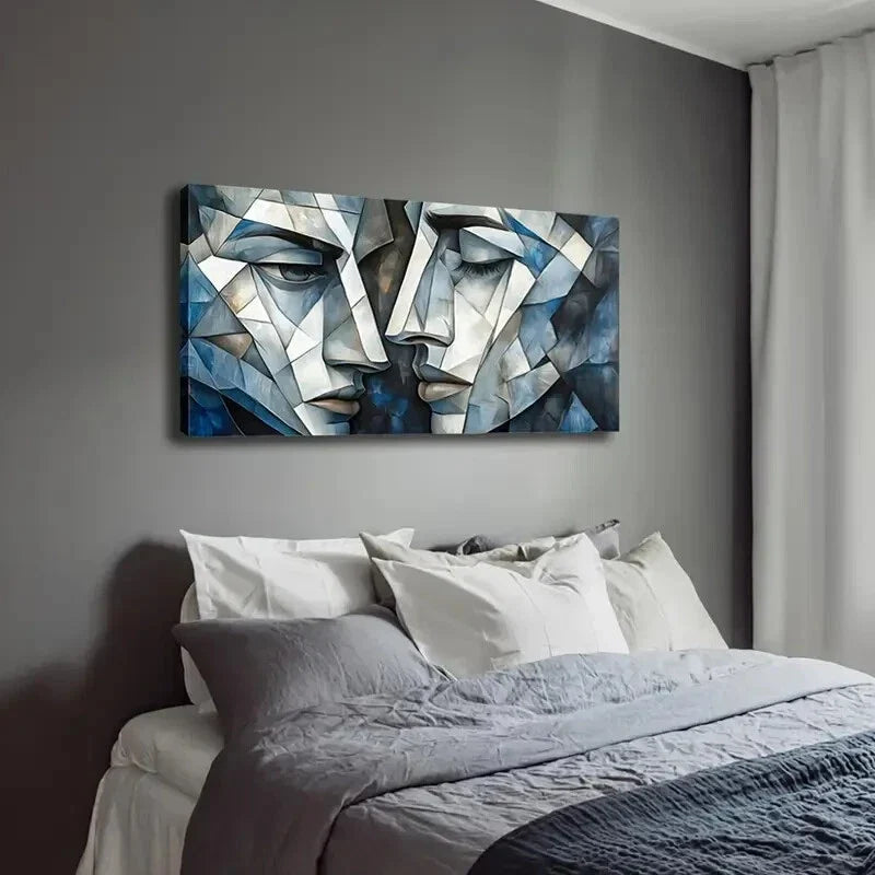 Blue & White Shattered Faces Wall Art Canvas Office Home Room Framed 120x60cm