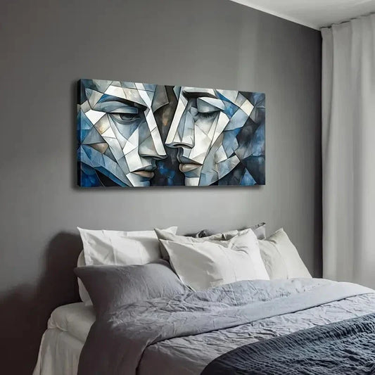 Blue & White Shattered Faces Wall Art Canvas Office Home Room Framed 120x60cm