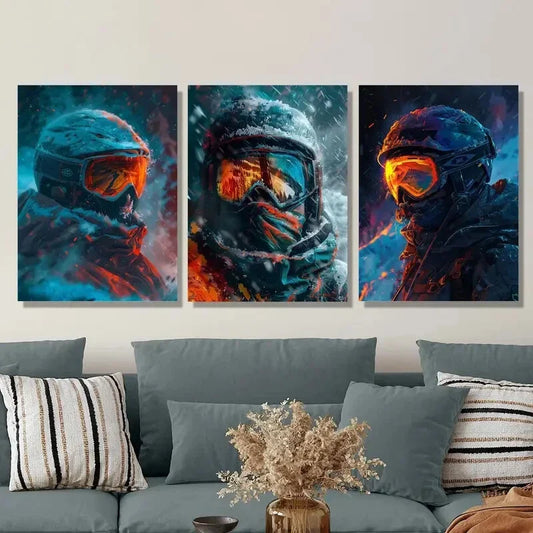 3pcs Extreme Skiing Woman with Glowing Goggles Metal Print Ready to Hang Art