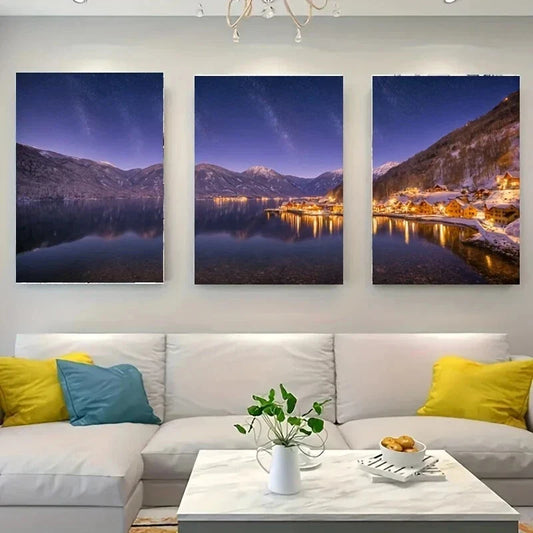 3pcs A Starry Night Sky Over A-Majestic White Wolf Metal Print Ready to Hang Art