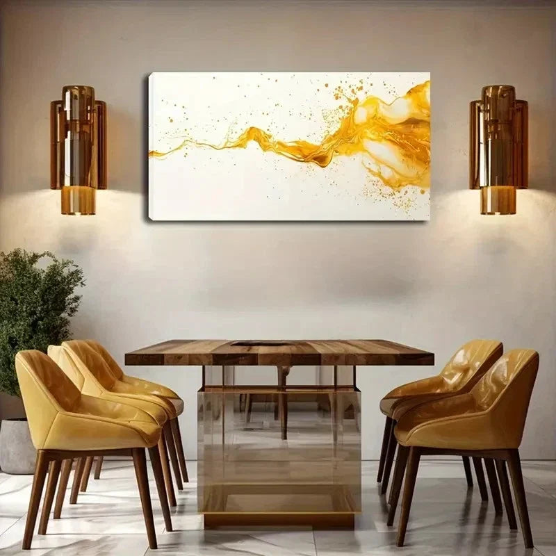 Vibrant Golden Liquid Splash Wall Art Canvas Office Home Room Framed 120x60cm