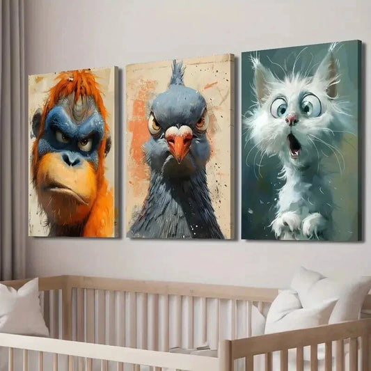 3pcs Angry Orangutan Pigeon and Surprised Cat Wall Art Set Canvas Framed 40x60cm - High Quality Print 100% Australian Made Wall Canvas Ready to Hang
