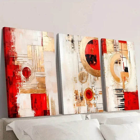 3pcs  Red Abstract Geometry, Modern Wall Art Set Canvas Framed 40x60cm - High Quality Print 100% Australian Made Wall Canvas Ready to Hang