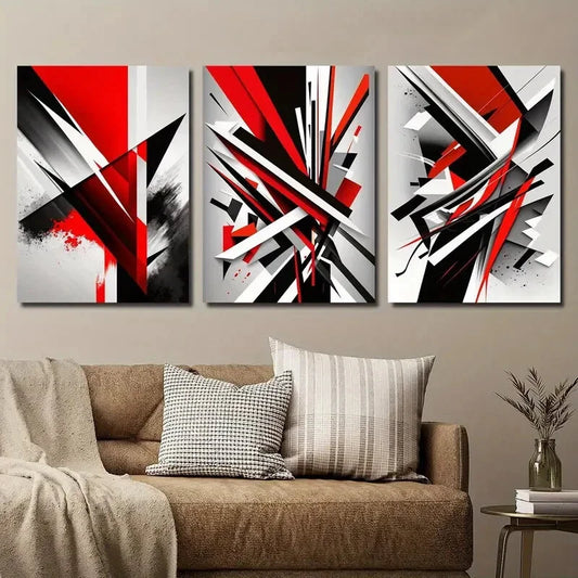 3pcs Abstract Red and Black Luxury Geometric Metal Print Ready to Hang Art