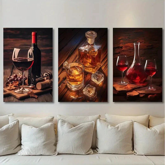 3pcs Wine Bottle and Glass Red & Brown Metal Print Ready to Hang Art