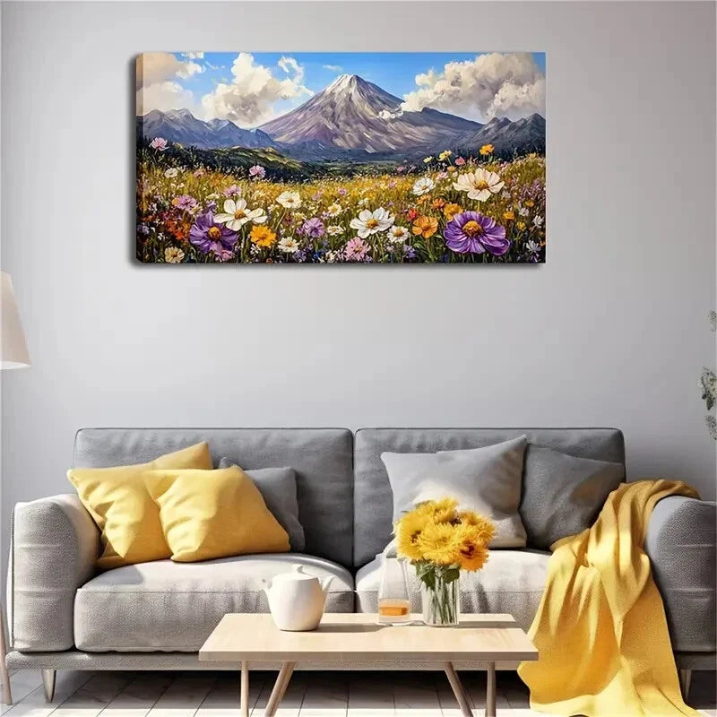 Vibrant Wildflowers Mount Fuji Wall Art Canvas Office Home Room Framed 120x60cm