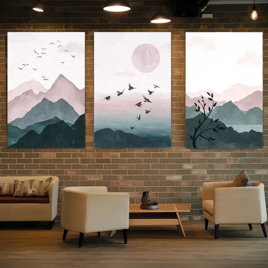 3pcs Tranquil Mountains Wild Geese & Sunrise Metal Print Ready to Hang Art