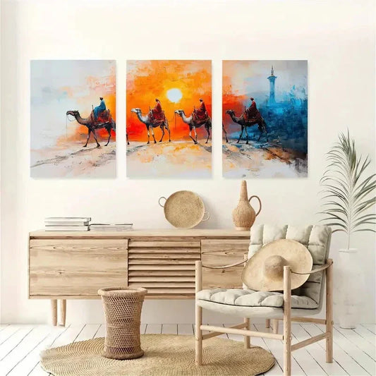 3pcs Vibrant Camel Sunset Silhouette & Cityscape Metal Print Ready to Hang Art