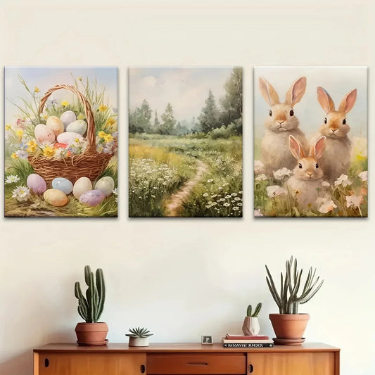 3pcs Lot Of Eggs Are In Brown Bag Cute Bunnies Metal Print Ready to Hang Art