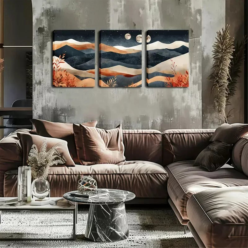 3pcs Layered Mountain, Two Moons, Wall Art Set Canvas Framed 40x60cm - High Quality Print 100% Australian Made Wall Canvas Ready to Hang