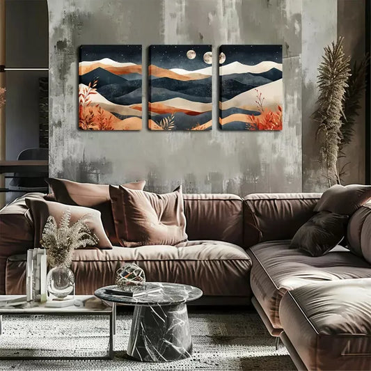 3pcs Layered Mountain, Two Moons, Wall Art Set Canvas Framed 40x60cm - High Quality Print 100% Australian Made Wall Canvas Ready to Hang