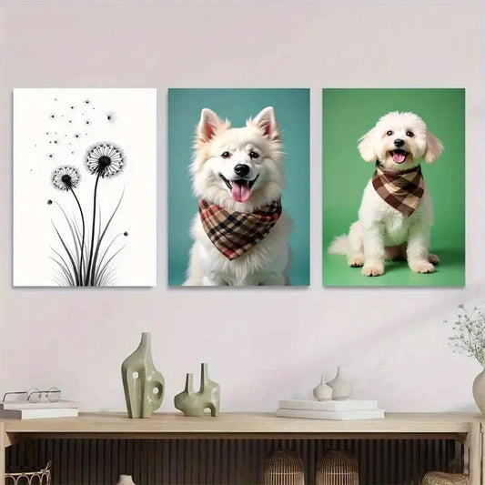 3pcs Dog Portraits & Dandelion Modern Metal Print Ready to Hang Art