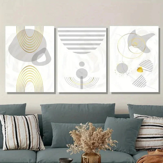 3pcs   Retro Golden Lines Gray and Golden Abstract  Metal Print Ready to Hang Art