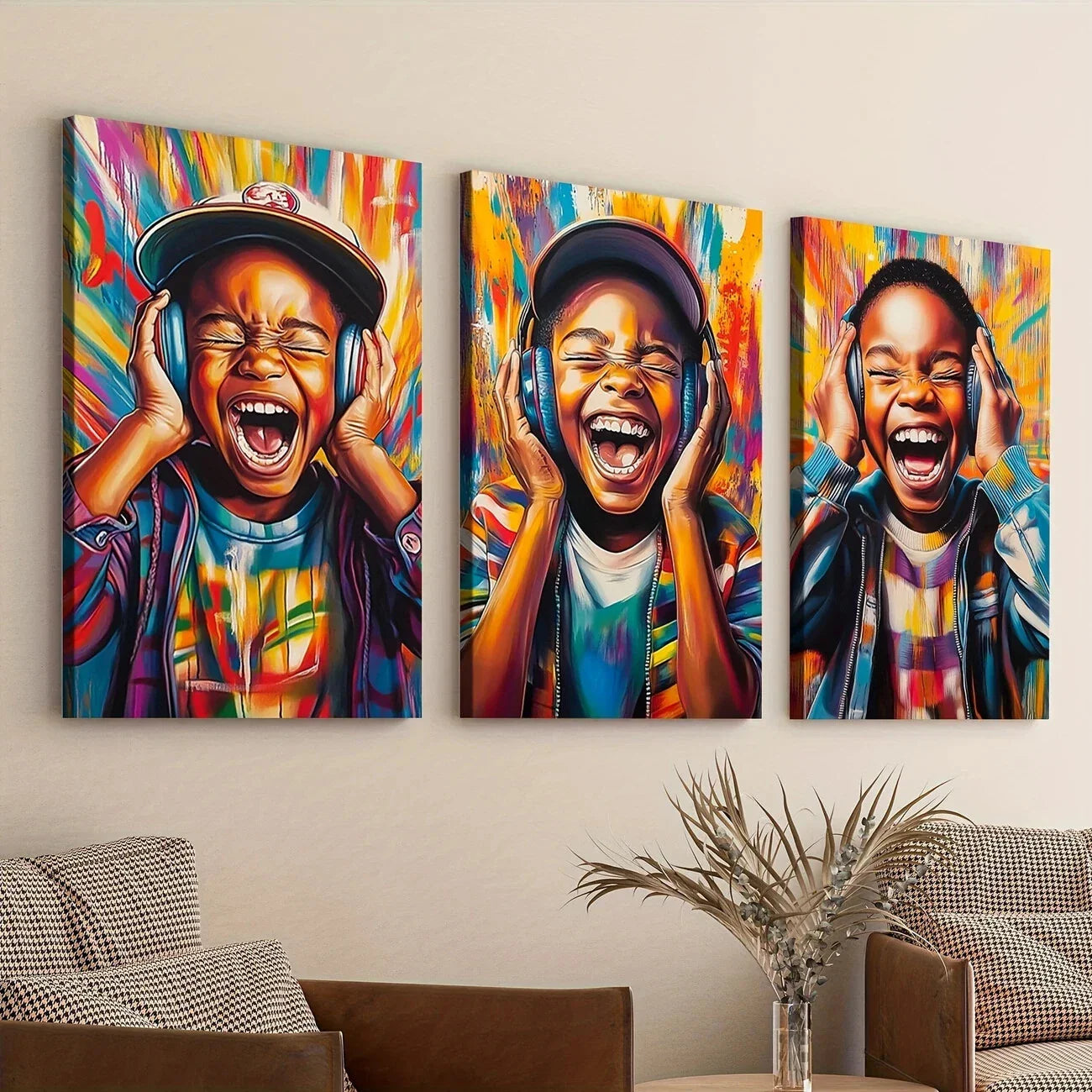 3pcs Elegant African American Boy Colorful Wall Art Set Canvas Framed 40x60cm - High Quality Print 100% Australian Made Wall Canvas Ready to Hang