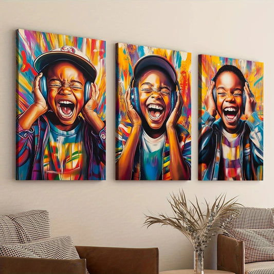 3pcs Elegant African American Boy Colorful Wall Art Set Canvas Framed 40x60cm - High Quality Print 100% Australian Made Wall Canvas Ready to Hang