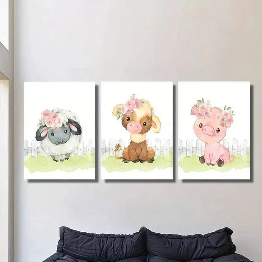 3pcs Cute Calf Lamb and Pig Boy and Girl Animal Metal Print Ready to Hang Art