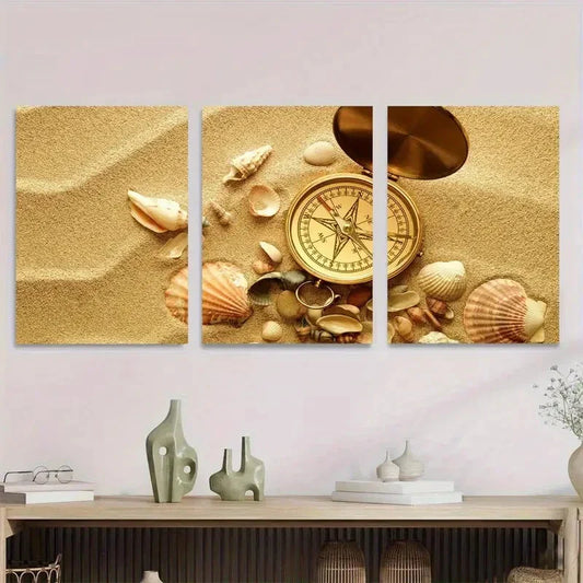 3pcs Golden Sand and Seashells Metal Print Ready to Hang Art