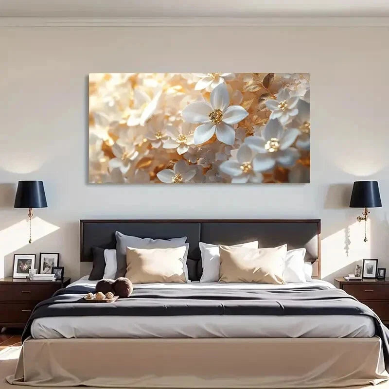 Golden Leaves White Flowers Wall Art Canvas Office Home Room Framed 120x60cm