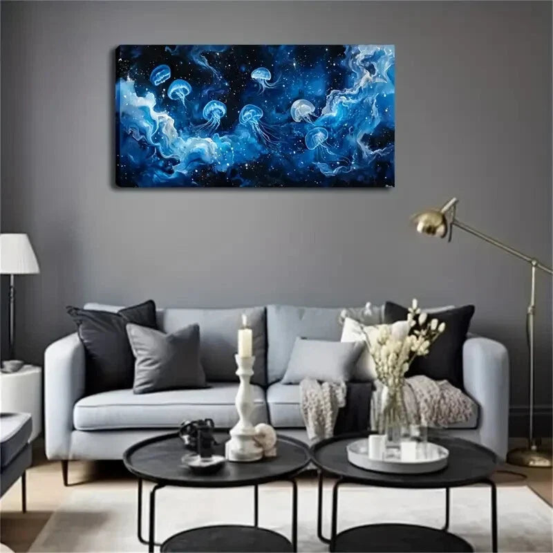 Realistic Jellyfish Blue Light Wall Art Canvas Office Home Room Framed 120x60cm
